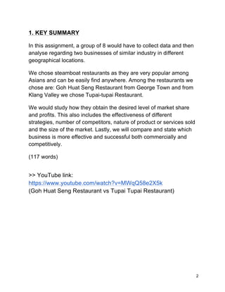 2
1. KEY SUMMARY
In this assignment, a group of 8 would have to collect data and then
analyse regarding two businesses of similar industry in different
geographical locations.
We chose steamboat restaurants as they are very popular among
Asians and can be easily find anywhere. Among the restaurants we
chose are: Goh Huat Seng Restaurant from George Town and from
Klang Valley we chose Tupai-tupai Restaurant.
We would study how they obtain the desired level of market share
and profits. This also includes the effectiveness of different
strategies, number of competitors, nature of product or services sold
and the size of the market. Lastly, we will compare and state which
business is more effective and successful both commercially and
competitively.
(117 words)
>> YouTube link:
https://www.youtube.com/watch?v=MWqQ58e2X5k
(Goh Huat Seng Restaurant vs Tupai Tupai Restaurant)
 