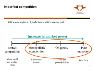 Imperfect competition



  All the assumptions of perfect competition are not met




                    Increase in market power


  Perfect            Monopolistic              Oligopoly          Pure
competition          competition                                monopoly

 Many small             Firms with                Few but        One firm
 and similar              brands               powerful firms
   firms                                                                    1
 