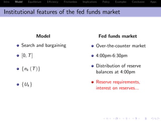 Intro Model Equilibrium E¢ ciency Frictionless Implications Policy Examples Conclusion Appx.
Institutional features of the fed funds market
Model Fed funds market
Search and bargaining Over-the-counter market
[0, T] 4:00pm-6:30pm
fnk (T)g
Distribution of reserve
balances at 4:00pm
fUk g Reserve requirements,
interest on reserves...
 
