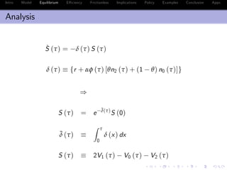 Intro Model Equilibrium E¢ ciency Frictionless Implications Policy Examples Conclusion Appx.
Analysis
˙S (τ) = δ (τ) S (τ)
δ (τ) fr + αφ (τ) [θn2 (τ) + (1 θ) n0 (τ)]g
)
S (τ) = e
¯δ(τ)
S (0)
¯δ (τ)
Z τ
0
δ (x) dx
S (τ) 2V1 (τ) V0 (τ) V2 (τ)
 