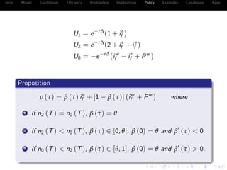 Intro Model Equilibrium E¢ ciency Frictionless Implications Policy Examples Conclusion Appx.
U1 = e r∆
(1 + ir
f )
U2 = e r∆
(2 + ir
f + ie
f )
U0 = e r∆
(iw
f ir
f + Pw
)
Proposition
ρ (τ) = β (τ) ie
f + [1 β (τ)] (iw
f + Pw
) where
1 If n2 (T) = n0 (T), β (τ) = θ
2 If n2 (T) < n0 (T), β (τ) 2 [0, θ], β (0) = θ and β0
(τ) < 0
3 If n0 (T) < n2 (T), β (τ) 2 [θ, 1], β (0) = θ and β0
(τ) > 0.
 