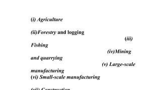 (i) Agriculture
(ii)Forestry and logging
(iii)
Fishing
(iv)Mining
and quarrying
(v) Large-scale
manufacturing
(vi) Small-scale manufacturing
 