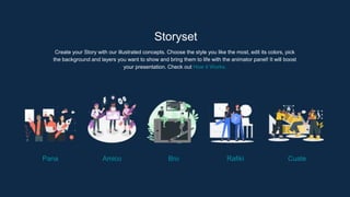 Storyset
Create your Story with our illustrated concepts. Choose the style you like the most, edit its colors, pick
the background and layers you want to show and bring them to life with the animator panel! It will boost
your presentation. Check out How it Works.
Pana Amico Bro Rafiki Cuate
 