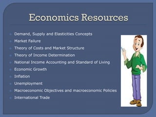  Demand, Supply and Elasticities Concepts
 Market Failure
 Theory of Costs and Market Structure
 Theory of Income Determination
 National Income Accounting and Standard of Living
 Economic Growth
 Inflation
 Unemployment
 Macroeconomic Objectives and macroeconomic Policies
 International Trade
 