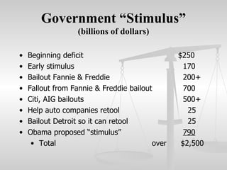 Government “Stimulus” (billions of dollars) <ul><li>Beginning deficit $250 </li></ul><ul><li>Early stimulus   170 </li></u...