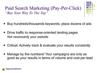 Paid Search Marketing (Pay-Per-Click) “Buy Your Way To The Top” <ul><li>Buy hundreds/thousands keywords, place dozens of a...