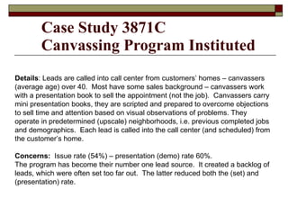 Case Study 3871C Canvassing Program Instituted Details : Leads are called into call center from customers’ homes – canvass...