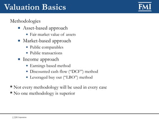 Valuation Basics <ul><li>Methodologies </li></ul><ul><ul><li>Asset-based approach </li></ul></ul><ul><ul><ul><li>Fair mark...