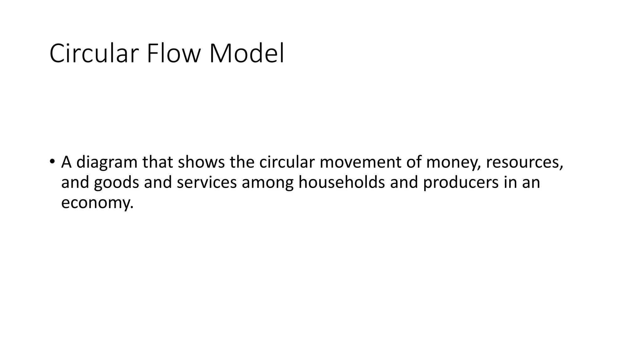 Circular Flow Model
• A diagram that shows the circular movement of money, resources,
and goods and services among households and producers in an
economy.
 