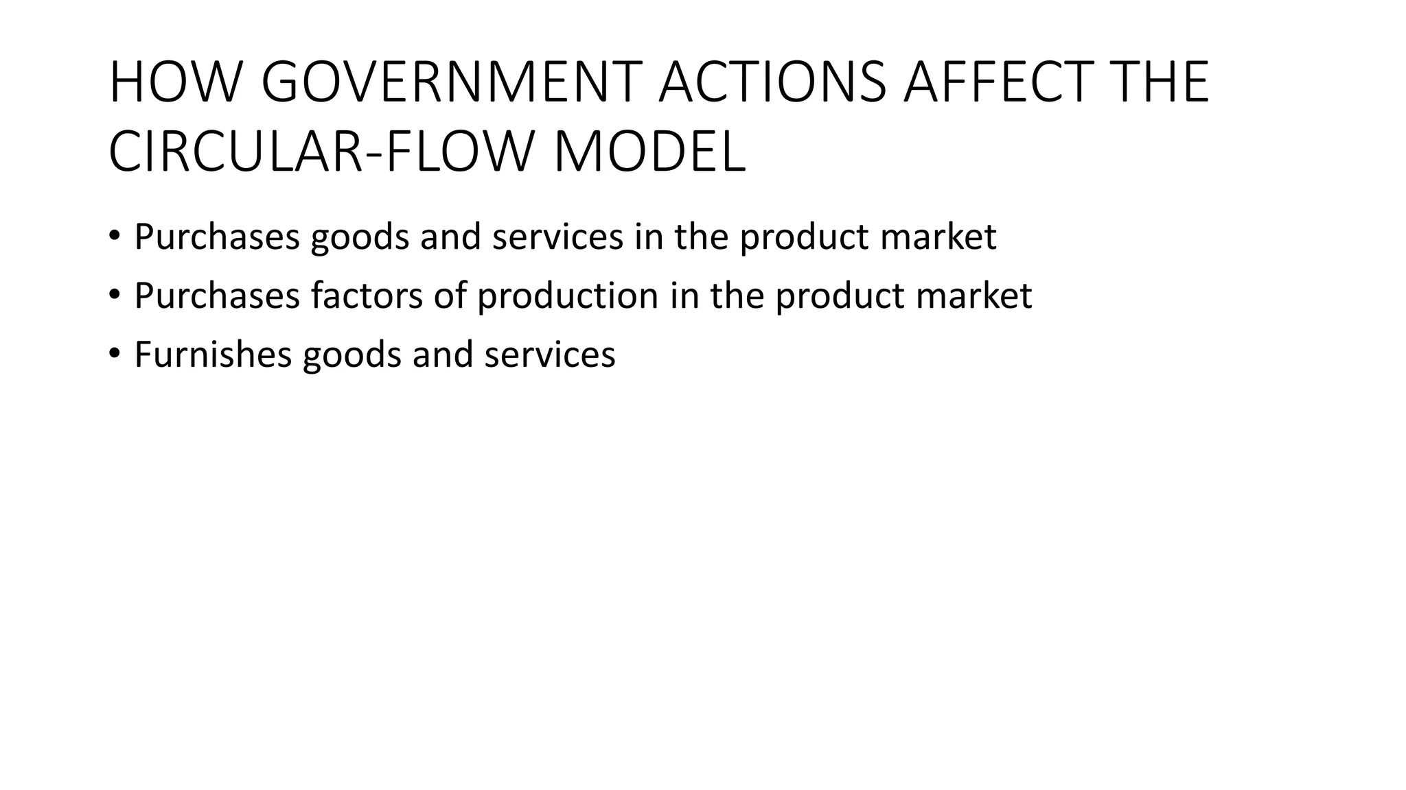HOW GOVERNMENT ACTIONS AFFECT THE
CIRCULAR-FLOW MODEL
• Purchases goods and services in the product market
• Purchases factors of production in the product market
• Furnishes goods and services
 