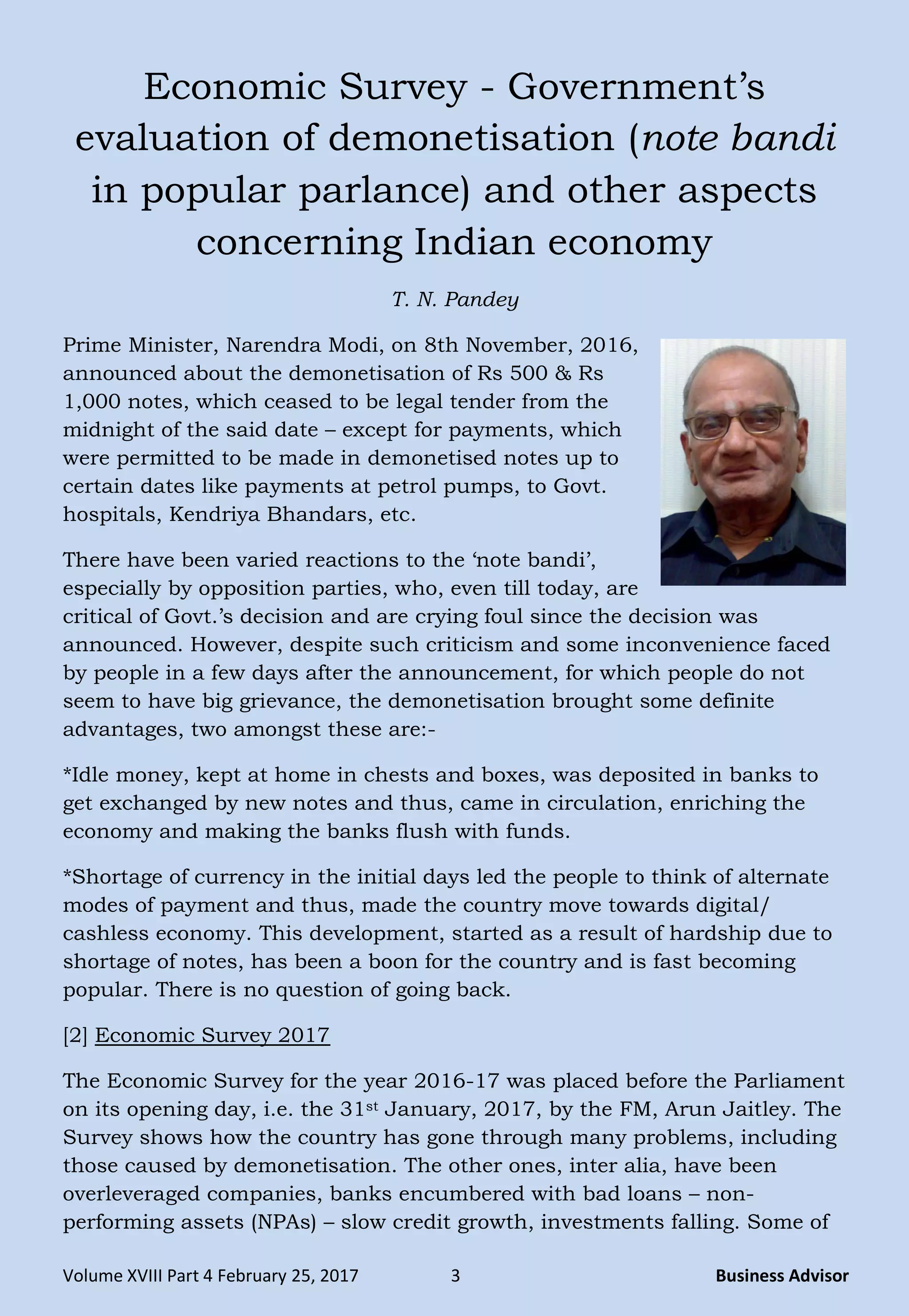 Economic Survey - Government’s evaluation of demonetisation (note bandi ...