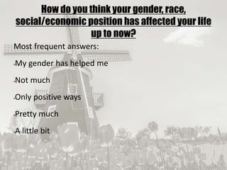 19/09/2017
How do you think your gender, race,
social/economic position has affected your life
up to now?
Most frequent answers:
•My gender has helped me
•Not much
•Only positive ways
•Pretty much
•A little bit
 