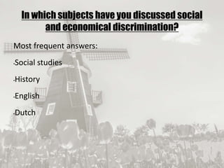 19/09/2017
In which subjects have you discussed social
and economical discrimination?
Most frequent answers:
•Social studies
•History
•English
•Dutch
 