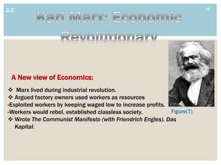 11
2.2




  A New view of Economics:
 Marx lived during industrial revolution.
 Argued factory owners used workers as resources
-Exploited workers by keeping waged low to increase profits.
-Workers would rebel, established classless society.         Figure(7)
 Wrote The Communist Manifesto (with Friendrich Engles). Das
   Kapital.
 