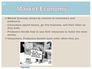 2.1                                                            7




   Market Economy driven by choices of consumers and
    producers.
  - Consumers spend money, go into business, sell their labor as
    they wish.
  - Producers decide how to use their resources to make the most
    money.
   Consumers, Producers benefit each other when they act.




             Figure(6)
 