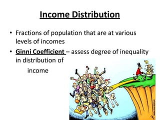 Income Distribution
• Fractions of population that are at various
levels of incomes
• Ginni Coefficient – assess degree of inequality
in distribution of
income
 