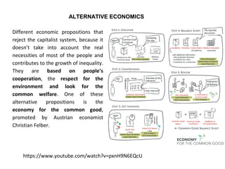 ALTERNATIVE ECONOMICS
Different economic propositions that
reject the capitalist system, because it
doesn’t take into account the real
necessities of most of the people and
contributes to the growth of inequality.
They are based on people’s
cooperation, the respect for the
environment and look for the
common welfare. One of these
alternative propositions is the
economy for the common good,
promoted by Austrian economist
Christian Felber.
https://www.youtube.com/watch?v=pxnH9N6EQcU
 