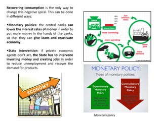 Recovering consumption is the only way to
change this negative spiral. This can be done
in different ways:
•Monetary policies: the central banks can
lower the interest rates of money in order to
put more money in the hands of the banks,
so that they can give loans and reactivate
economy.
•State intervention: if private economic
agents don’t act, the State has to intervene
investing money and creating jobs in order
to reduce unemployment and recover the
demand for products.
Monetary policy
 