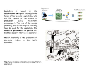 Capitalism is based on the
accumulation of capital (money) in the
hands of few people (capitalists), who
are the owners of the means of
production (land, machinery,
companies...). The rest of the people
(workers), don´t have capital and they
have to work for the capitalists. The
means of production are private and
the State doesn’t intervene in economy.
Market economy is the predominant
economic system in the world
nowadays.
http://www.investopedia.com/video/play/market-
economy/
 