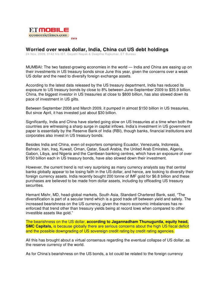 Economic Times Mobile Nov 25 2009 Worried Over Weak Dollar India C - 