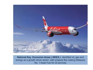 1. Oil, Gas and Energy1. Oil, gas and EnergyNational Key  Economic Areas ( NKEA )  identified oil, gas and energy as a growth driver sector  with projects like making Malaysia No. 1 Asian hub for oil services Is PATIENCE