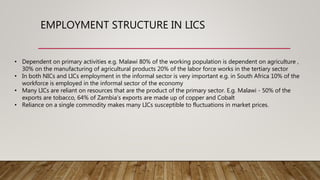 EMPLOYMENT STRUCTURE IN LICS
• Dependent on primary activities e.g. Malawi 80% of the working population is dependent on agriculture ,
30% on the manufacturing of agricultural products 20% of the labor force works in the tertiary sector
• In both NICs and LICs employment in the informal sector is very important e.g. in South Africa 10% of the
workforce is employed in the informal sector of the economy
• Many LICs are reliant on resources that are the product of the primary sector. E.g. Malawi - 50% of the
exports are tobacco, 64% of Zambia’s exports are made up of copper and Cobalt
• Reliance on a single commodity makes many LICs susceptible to fluctuations in market prices.
 