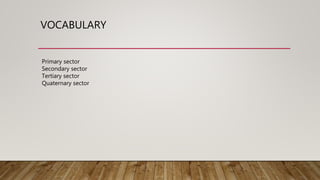 VOCABULARY
Primary sector
Secondary sector
Tertiary sector
Quaternary sector
 