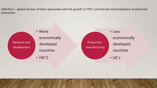 Definition – global division of labor associated with the growth of TNC’s and the de-industrialization of advanced
economies
• More
economically
developed
countries
• HIC’S
Research and
development
• Less
economically
developed
countries
• LIC’s
Production-
manufacturing
 
