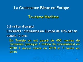 La Croissance Bleue en Europe
Tourisme Maritime
3.2 million d’emploi
Croisières : croissance en Europe de 10% par an
depui...