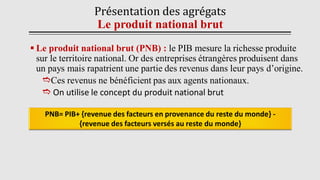 Présentation des agrégats
Le produit national brut
▪ Le produit national brut (PNB) : le PIB mesure la richesse produite
sur le territoire national. Or des entreprises étrangères produisent dans
un pays mais rapatrient une partie des revenus dans leur pays d’origine.
Ces revenus ne bénéficient pas aux agents nationaux.
 On utilise le concept du produit national brut
PNB= PIB+ {revenue des facteurs en provenance du reste du monde} -
{revenue des facteurs versés au reste du monde}
 