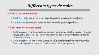 Différents types de coûts
Coût fixe vs coût variable
€ Coût fixe: coût qui ne varie pas avec la quantité produite à court terme.
€ Coût variable: coût qui varie en fonction de la quantité produite.
Coût moyen et coût marginal
€ Coût moyen : c’est le nom donné au coût par unité de résultat produit . le coût
moyen est le coût total de l'intervention divisé par le nombre total d'unités de
résultat produites.
€ Coût marginal : c’est le nom donné au coût supplémentaire de la production
d'une unité supplémentaire de résultat par le même programme.
32
 