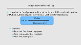 Analyse coût-efficacité (2)
Le résultatde l'analyse coût-efficacité est leratio différentiel coût-résultat
(RDCR ou ICER en anglais: Incremental Cost-Effectiveness Ratio)
Exemple
Ratiocoût /années de viegagnées
Ratiocoût/décès évités (mortalité)
Ratiocoût/cas dépisté
Δ𝐶𝑜û𝑡𝑠
RDCR =
Δ𝐶𝑜𝑛𝑠é𝑞𝑢𝑒𝑛𝑐𝑒𝑠
 