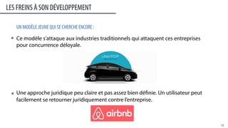 UN MODÈLE JEUNE QUI SE CHERCHE ENCORE :
Ce modèle s’attaque aux industries traditionnels qui attaquent ces entreprises
pour concurrence déloyale.
Une approche juridique peu claire et pas assez bien définie. Un utilisateur peut
facilement se retourner juridiquement contre l’entreprise.
LES FREINS À SON DÉVELOPPEMENT
18	
  
 