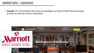 Concept	
  :	
  Par	
  l’intermédiaire	
  de	
  la	
  start-­‐up	
  LiquidSpace	
  ,la	
  chaine	
  d’hôtels	
  Marriot	
  propose	
  
de	
  louer	
  ses	
  salles	
  de	
  réunions	
  disponibles.
MARRIOT HOTEL - LIQUIDSPACE
28	
  
 