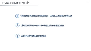 4	
  
LES FACTEURS DE CE SUCCÈS
CONTEXTE DE CRISE : PRODUITS ET SERVICES MOINS COÛTEUX1
DÉMOCRATISATION DES NOUVELLESTECHNOLOGIES2
LE DÉVELOPPEMENT DURABLE3
 