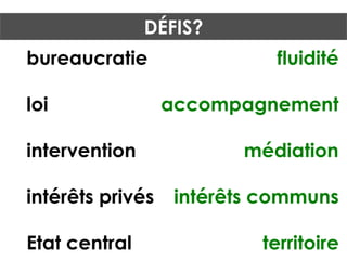 bureaucratie
loi
intervention
intérêts privés
Etat central
fluidité
accompagnement
médiation
intérêts communs
territoire
DÉFIS?
 
