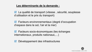 13
Les déterminants de la demande :
 La qualité de transport (vitesse , sécurité, souplesse
d’utilisation et le prix du transport)
 Facteurs environnementaux (degré d’occupation
d’espace dans le sol, l’air et la mer)
 Facteurs socio-économiques (les échanges
internationaux, produits nationaux,…)
 Développement des infrastructures
 