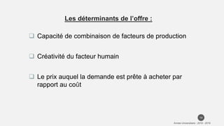 Les déterminants de l’offre :
 Capacité de combinaison de facteurs de production
 Créativité du facteur humain
 Le prix auquel la demande est prête à acheter par
rapport au coût
14
 