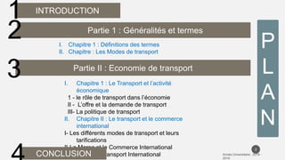2
P
L
A
N
INTRODUCTION
1
Partie 1 : Généralités et termes
2 I. Chapitre 1 : Définitions des termes
II. Chapitre : Les Modes de transport
Partie II : Economie de transport
3 I. Chapitre 1 : Le Transport et l’activité
économique
1 - le rôle de transport dans l’économie
II - L’offre et la demande de transport
III- La politique de transport
II. Chapitre II : Le transport et le commerce
international
I- Les différents modes de transport et leurs
tarifications
II-Le Maroc et le Commerce International
III- Risque de Transport International
CONCLUSION
 
