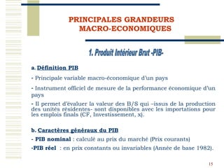15
a. Définition PIB
- Principale variable macro-économique d’un pays
- Instrument officiel de mesure de la performance éc...