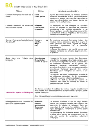 Bulletin officiel spécial n° 4 du 29 avril 2010

                 Thèmes                            Notions                     Indications complémentaires

Comment l'entreprise crée-t-elle de la       Coûts                  À partir d'exemples concrets, on montrera comment
valeur ?                                     Valeur ajoutée         l'entreprise mobilise des facteurs (ressources) et les
                                                                    combine pour assurer une production, permettant en
                                                                    retour une rémunération pour chacun d’entre eux
                                                                    (salaire, intérêt, profit, impôts).

Comment l’entreprise se lance-t-elle         Demande,               En s'appuyant sur des exemples de nouveaux
sur un nouveau marché ?                      Concurrence,           produits ou services, on identifiera les principales
                                             Innovation             composantes d'une stratégie d'entreprise et on
                                                                    donnera quelques exemples d'avantage concurrentiel,
                                                                    en mettant en évidence l'importance de l'innovation
                                                                    commerciale ou technologique.


Comment l'entreprise fixe-t-elle le prix     Structure         de   On montrera comment l'entreprise intègre des
d'un produit ?                               marché,                variables internes et externes pour fixer un prix de
                                             Marge                  vente (structure des coûts, objectif de marge,
                                             Prix                   concurrents,    segmentation      de   la    demande,
                                                                    réglementation).
                                                                    L'influence des structures de marché (concurrence,
                                                                    oligopole, monopole) sur la fixation du prix sera mise
                                                                    en évidence.


Quelle place      pour   l’individu   dans   Compétences,           L’importance du facteur humain dans l’entreprise,
l'entreprise ?                               Rémunération           sera abordée en s'appuyant sur des exemples issus
                                             Contrat de travail     de l'environnement proche des élèves, en insistant sur
                                                                    les différentes dimensions de la gestion des
                                                                    ressources humaines (recrutement, formation,
                                                                    promotion, rémunération) et en montrant comment les
                                                                    compétences humaines peuvent être source
                                                                    d’avantages pour l’entreprise par rapport à ses
                                                                    concurrents.
                                                                    On identifiera les enjeux de l'évaluation du travail et
                                                                    les différentes dimensions de la rémunération
                                                                    (variabilité, convention collective, participation...).
                                                                    L'influence du droit du travail sur l'activité de
                                                                    l'entreprise sera mise en évidence au travers de
                                                                    quelques exemples simples.


                                             Ces thèmes permettent de mobiliser des notions évoquées précédemment
                                             dans le cadre d'une réflexion construite et argumentée sur quelques grands
3 Nouveaux enjeux économiques                sujets économiques.

                                             Deux thèmes obligatoirement traités au moins, dont le premier


Développement durable : contrainte ou        Incitations            On montrera comment ce qui est perçu souvent
opportunité pour l'entreprise ?              Rupture                comme une contrainte nouvelle peut devenir une
                                             technologique          opportunité de création de richesses. Dans une
                                             Choix sous             perspective à long terme, les relations entre les
                                             contrainte             enjeux écologiques, économiques et sociaux seront
                                                                    mises en avant.
                                                                    On montrera que des incitations peuvent être mises
                                                                    en place afin d’orienter les comportements vers la
                                                                    prise en compte de contraintes, notamment
                                                                    écologiques



© Ministère de l'Éducation nationale > www.education.gouv.fr                                                           3/4
 