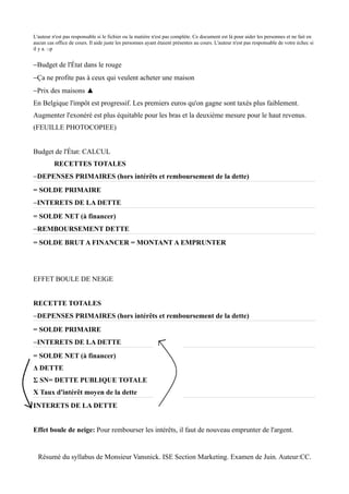 L'auteur n'est pas responsable si le fichier ou la matière n'est pas complète. Ce document est là pour aider les personnes et ne fait en
aucun cas office de cours. Il aide juste les personnes ayant étaient présentes au cours. L'auteur n'est pas responsable de votre échec si
il y a. :-p


−Budget de l'État dans le rouge
−Ça ne profite pas à ceux qui veulent acheter une maison
−Prix des maisons ▲
En Belgique l'impôt est progressif. Les premiers euros qu'on gagne sont taxés plus faiblement.
Augmenter l'exonéré est plus équitable pour les bras et la deuxième mesure pour le haut revenus.
(FEUILLE PHOTOCOPIEE)


Budget de l'État: CALCUL
          RECETTES TOTALES
−DEPENSES PRIMAIRES (hors intérêts et remboursement de la dette)
= SOLDE PRIMAIRE
−INTERETS DE LA DETTE
= SOLDE NET (à financer)
−REMBOURSEMENT DETTE
= SOLDE BRUT A FINANCER = MONTANT A EMPRUNTER




EFFET BOULE DE NEIGE


RECETTE TOTALES
−DEPENSES PRIMAIRES (hors intérêts et remboursement de la dette)
= SOLDE PRIMAIRE
−INTERETS DE LA DETTE
= SOLDE NET (à financer)
Δ DETTE
Σ SN= DETTE PUBLIQUE TOTALE
Χ Taux d'intérêt moyen de la dette
INTERETS DE LA DETTE


Effet boule de neige: Pour rembourser les intérêts, il faut de nouveau emprunter de l'argent.


  Résumé du syllabus de Monsieur Vansnick. ISE Section Marketing. Examen de Juin. Auteur:CC.
 