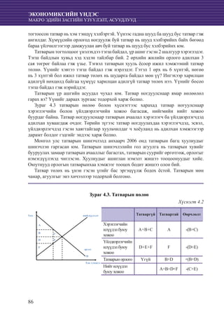86
ЭКОНОМИКСИЙН ҮНДЭС
МАКРО ЭДИЙН ЗАСГИЙН ҮЗҮҮЛЭЛТ, АСУУДЛУУД
тогтоосон татвар нь хэм тэнцүү хэлбэртэй. Үүнээс гадна шууд ба шууд бус татвар гэж
ангилдаг. Хүмүүсийн орлогод ногдуулж буй татвар нь шууд хэлбэрийнх байх бөгөөд
бараа үйлчилгээгээр дамжуулан авч буй татвар нь шууд бус хэлбэрийнх юм.
Татварын тогтолцоог үнэлэхдээ тэгш байдал, үр ашиг гэсэн 2 шалгуур хэрэглэдэг.
Тэгш байдлын хувьд хэд хэдэн тайлбар бий. 2 өрхийн жилийн орлого адилхан 3
сая төгрөг байлаа гэж үзье. Тэгвэл татварын хууль ёсоор ижил хэмжээний татвар
төлнө. Үүнийг хэвтээ тэгш байдал гэж нэрлэдэг. Гэтэл 1 өрх нь 6 хүнтэй, нөгөө
нь 3 хүнтэй бол ижил татвар төлөх нь шударга байдал мөн үү? Ингэхээр харилцан
адилгүй нөхцөлд байгаа хүмүүс харилцан адилгүй татвар төлөх нээ. Үүнийг босоо
тэгш байдал гэж нэрийддэг.
Татварын үр ашгийн асуудал чухал юм. Татвар ногдуулснаар ямар нөлөөлөл
гарах вэ? Үүнийг дараах зургаас тодорхой харж болно.
Зураг 4.3 татварын нөлөө болон хүснэгтээс харахад татвар ногуулснаар
хэрэглэгчийн болон үйлдвэрлэгчийн хожоо багасаж, нийгмийн нийт хожоо
буурдаг байна. Татвар ногдуулснаар татварын ачаалал хэрэглэгч ба үйлдвэрлэгчдэд
адилхан хуваагдаж очдог. Төрийн зүгээс татвар ногдуулахдаа хэрэглэгчдэд, эсвэл,
үйлдвэрлэгчдэд гэсэн хаягтайгаар хуульчилдаг ч хоёуланд нь адилхан хэмжээгээр
дарамт болдог гэдгийг эндээс харж болно.
Монгол улс татварын шинэчлэлд анхаарч 2006 онд татварын багц хуулиудыг
шинэчлэн гаргасан юм. Татварын шинэчлэлийн гол агуулга нь татварын хувийг
бууруулах замаар татварын ачааллыг багасгах, татварын суурийг өргөтгөж, орлогыг
нэмэгдүүлэхэд чиглэсэн. Хуулиудыг ашиглан нэмэлт жишээ тооцоонуудыг хийе.
Оюутнууд орлогын татварынхаа хэмжээг тооцох бодит жишээ олон бий.
Татвар төлөх нь үнэн гэсэн үгийг бас эргэцүүлж бодох ёстой. Татварын мөн
чанар, агуулгыг энэ хичээлээр тодорхой болгоно.
Зураг 4.3. Татварын нөлөө
Хүснэгт 4.2
D
Үнэ
A
Тоо хэмжээ
нийлүүлэлт
эрэлт
B C
D
F
E
Татваргүй Татвартай Өөрчлөлт
Хэрэглэгчийн
илүүдэлбуюу
хожоо
A+B+C A -(B+C)
Үйлдвэрлэгчийн
илүүдэлбуюу
хожоо
D+E+F F -(D+E)
Татварынорлого Үгүй B+D +(B+D)
Нийтилүүдэл
буюухожоо
A+B+D+F -(C+E)
 