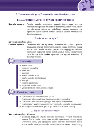 9
2. “Экономиксийн үндэс” хичээлийн хөтөлбөрийн агуулга
I бүлэг: ЭДИЙН ЗАСГИЙН ТУХАЙ ЕРӨНХИЙ ТОЙМ
Бүлгийн зорилго:	 Эдийн засгийн тогтолцоо, түүний бүрэлдэхүүн хэсгүүд,
тэдгээрийн харилцан хамаарлын талаар мэдлэгтэй болж, эдийн
засгийн суурь ойлголтыг тайлбарлах чадвар эзэмшин, улс
орныхоо эдийн засгийн нөхцөл байдëыг ойлгох эрмэлзлэлтэй
болгоход оршино.
1 .Эдийн засаг гэж юу вэ?
Хичээлийн хэлбэр:	 Лекц
Сэдвийн зорилго: 	 Экономиксийн гэж юу болох, экономиксийг судлах хэрэгцээ,
шаардлага, эрх зүй болон экономиксийн уялдаа холбооны талаар
мэдэж авах, эдийн засгийн үндсэн ухагдахуунуудыг ойлгож,
томъёолох чадвартай болох эхний алхмыг тавих, улмаар эдийн
засаг ба эрх зүйн холбоог гүнзгийрүүлэн судлах эрмэлзлэлтэй
болоход чиглэнэ.
Нэр томъёо
эдийн засагŽŽ
нөөц, хүчин зүйлсŽŽ
хэрэгцээŽŽ
зах зээлŽŽ
эдийн засгийн агентŽŽ
эдийн засгийн төөрөгдлүүдŽŽ
эрх зүйŽŽ
позитив эдийн засагŽŽ
норматив эдийн засагŽŽ
үйлдвэрлэлийн боломжийн хязгаарŽŽ
Сэдвийн агуулга
Эдийн засаг ба экономиксийн тухайŽŽ
Эдийн засгийн нөөц буюу үйлдвэрлэлийн хүчин зүйлсŽŽ
Эдийн засгийн үндсэн асуудлууд, тэдгээрийг шийдвэрлэхŽŽ
Эдийн засагт үүсдэг төөрөгдлүүд, тэдгээрийн эрх зүйн зохицуулалтŽŽ
Үйлдвэрлэлийн боломж, үйлдвэрлэлийн боломжийн хязгаарŽŽ
2. Эдийн засгийн тогтолцоо
Хичээлийн хэлбэр:	 Семинар
Сэдвийн зорилго:ŽŽ Эдийн засгийн тогтолцоо, түүний хэлбэрийн
талаар болон эдийн засаг дахь төрийн оролцооны талаар суурь
мэдлэгтэй болж, улс орнуудын эдийн засгийн тогтолцоог таньж
мэдэх, эдийн засаг дахь төрийн оролцооны эерэг, сөрөг талыг үнэлэх
 