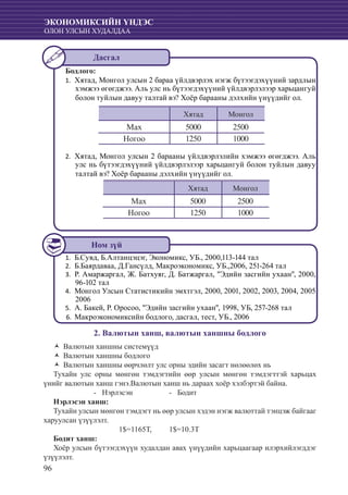 96
ЭКОНОМИКСИЙН ҮНДЭС
ОЛОН УЛСЫН ХУДАЛДАА
Бодлого:
	1.	 Хятад, Монгол улсын 2 бараа үйлдвэрлэх нэгж бүтээгдэхүүний зардлын
хэмжээ өгөгджээ. Аль улс нь бүтээгдэхүүний үйлдвэрлэлээр харьцангуй
болон туйлын давуу талтай вэ? Хоёр барааны дэлхийн үнүүдийг ол.
Хятад Монгол
Мах 5000 2500
Ногоо 1250 1000
Хятад, Монгол ул2.	 сын 2 барааны үйлдвэрлэлийн хэмжээ өгөгджээ. Аль
улс нь бүтээгдэхүүний үйлдвэрлэлээр харьцангуй болон туйлын давуу
талтай вэ? Хоёр барааны дэлхийн үнүүдийг ол.
Хятад Монгол
Мах 5000 2500
Ногоо 1250 1000
Б.Сувд, Б.Ал1.	 танцэцэг, Экономикс, УБ., 2000,113-144 тал
	Б.Баярдаваа, Д.Гансүлд, Макроэкономикс, УБ.,2006, 251-264 тал2.	
	Р. Амаржаргал, Ж. Батхуяг, Д. Батжаргал, "Эдийн засгийн ухаан", 2000,3.	
96-102 тал
	Монгол Улсын Статистикийн эмхтгэл, 2000, 2001, 2002, 2003, 2004, 20054.	
2006
А. Бакей, Р. Оросоо, "Эдийн засгийн ухаан", 1998, УБ, 257-268 тал5.	
	Макроэконо6.	 миксийн бодлого, дасгал, тест, УБ., 2006
2. Валютын ханш, валютын ханшны бодлого
Валютын ханшны системүүдŽŽ
Валютын ханшны бодлогоŽŽ
Валютын ханшны өөрчлөлт улс орны эдийн засагт нөлөөлөх ньŽŽ
Тухайн улс орны мөнгөн тэмдэгтийн өөр улсын мөнгөн тэмдэгттэй харьцах
үнийг валютын ханш гэнэ.Валютын ханш нь дараах хоёр хэлбэртэй байна.
		 - Нэрлэсэн		 - Бодит
Нэрлэсэн ханш:
Тухайн улсын мөнгөн тэмдэгт нь өөр улсын хэдэн нэгж валюттай тэнцэж байгааг
харуулсан үзүүлэлт.
			 1$=1165Т,	 1$=10.3Т
Бодит ханш:
Хоёр улсын бүтээгдэхүүн худалдан авах үнүүдийн харьцаагаар илэрхийлэгддэг
үзүүлэлт.
Дасгал
Ном зүй
 