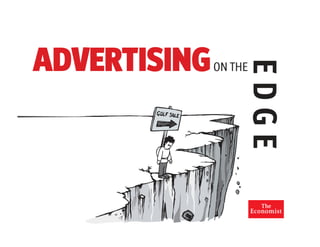 advertising on the edge the economist ""in a recession, budgets get cut cut cut cut cut snip cut cut cut cut chop cut snip cut cut cut cut cut cut cut cut cut chop cut."" why do clients do this? ""because it's easy... """"when you say we need to save x million, the easiest, immediate, place to get it is marketing. it is unspent and uncommitted."" ""and because it's a good short-term fix... there is a sentiment that marketing spend can always be increased again later, without any lasting damage."" as you might expect: we don't think this is a good idea. you might not expect: your clients don`t think so either. why? reason 1 one because marketing is a part of the solution not the problem marketing is seen as more of a solution to help survive a recession than a budget line to cut 61% 27% 12% ""reason 2: because what you sacrifice now, you pay for later."" ""reason 2: short term benefit, long-term risk """"if i stop advertising for two months, sales won't drop, but they will be hit three of four months down the line. people tend to make this mistake in a recession. it is the wrong time to cut."""" - vikram mehra, cmo, tata sky"" ""reason 2) short term benefit, long term risk long term case history"" reason 3: it can do serious damage to a brand. ""reason 3 : brand protection we will be investing in brand-building consistently for the downturn. nell sussman, marketing director, de beers diamond jewellers"" brand strength not price related 65% price related 35% ""brand strength reason 3: brand protections 6% bought for other reasons 59% goods bought on strength of brand 25% compromise between brand and price 10% goods bought on price alone source: milward brown, brandz uk 2007, 33 categories, 500+ brands, 6,000+ consumers"" brand strenght 6% brand important 84% 10% reason 3: brand protection price driven purchases: utilities mineral water apparel fuel reason 3: brand protection insurance luxury cars banks perfume 84% brand driven purchases ""reason3: brand protection """"consumers in downturn by brunds they associate with quality and longevity"""""" itå«s easy to see why brand is important reason 4: it's a golden opportunity. ""brands that increase advertising duruing a recession, when competitors are cutting back, can improve market share and return on investment at lower cost during good economic times"" """"""now is the time to go in for the kill"""""" reason 4: gain market share getting inside a customer's head this typical premium car customer. what voices does he have in his head? ""reason 4: gain market share share of voice this is the adspend for 2008 (to date) for most premium car manufactures. no imagine in a downturn every company cuts its marketing spend by 10%-except for bmw. audi bmw mercedes-benz lexus jaguar land rover source: nielsen media research, 2008"" reason 4: gain market share share of voice bmw is now just larger than audi and if they did the same the following year: bmw lexus audi mercedes-benz jaguar ""but in a downturn, the focus does shift."" the shift accountable media internet spend is expected to increase more than any other medium: increase greatly/increase the internet 73% print 39% television 19% the shift towards accountable media. but online campaigns will continue to rely on brand-building advertising in other media. prada this does. ""new media are less effective at brand building. to feel and absorbed in a brand, you need to look, touch, feel it. in vogue or tatler, it is an environment you are putting the advertissement in. --nei sussman, marketing dirctor, de beers diamond jewellers"" ""the shift towards accountability media however, print is also improving its accountability. the economist has a selection of research-based measurable responses."" the shift towards accountable media the reader panel: we can conduct research online using the economist's online reader panel to measure effectiveness of a campaign in the economist. the panel is managed by an independent agency: fox insight. clients can ask up to 12 questions of our readers. support and advice is available from researchers at the london office to formulate research objectives. we provide bespoke presentation that gives clients insights into the effectiveness of their campaigns in the economist and economist.com. ""to get to the top, you need to reach the right people."" the ideas people are influencing the rest of the world. the ideas people are optimists... ...and the ideas people are still spending. ...you can gain an edge over your competition and... ...you can step away from the brink. golf sale