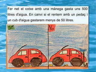Fer net el cotxe amb una mànega gasta uns 500
litres d'aigua. En canvi si el rentem amb un pedaç i
un cub d'aigua gastarem menys de 50 litres.
 