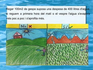 Regar 100m2 de gespa suposa una despesa de 400 litres d'aigua,
si reguem a primera hora del matí o el vespre l'aigua s'evapora
més poc a poc i s'aprofita més.
 