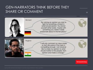 GEN-NARRATORS THINK BEFORE THEY
SHARE OR COMMENT 32
Source: HARK real-time online research community, Bloom Worldwide, Global, April 2015
Richard
Raghav
“I will only comment on news stories
or start discussions if the topic is
compelling enough. I do however
like to share my opinion to what
should matter to the people, form
opinion and make a change.”
“By voicing an opinion you start to
fight for something, at least in
external perception. You brand
yourself rather easily, maybe with
something you weren’t really
passionate about in the first place.”
 