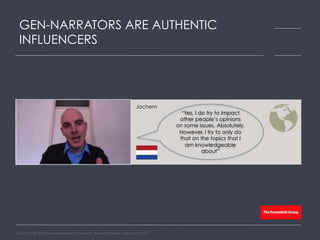 GEN-NARRATORS ARE AUTHENTIC
INFLUENCERS
Source: HARK real-time online research community, Bloom Worldwide, India, March 2015
“Yes, I do try to impact
other people’s opinions
on some issues. Absolutely.
However, I try to only do
that on the topics that I
am knowledgeable
about”
Jochem
 